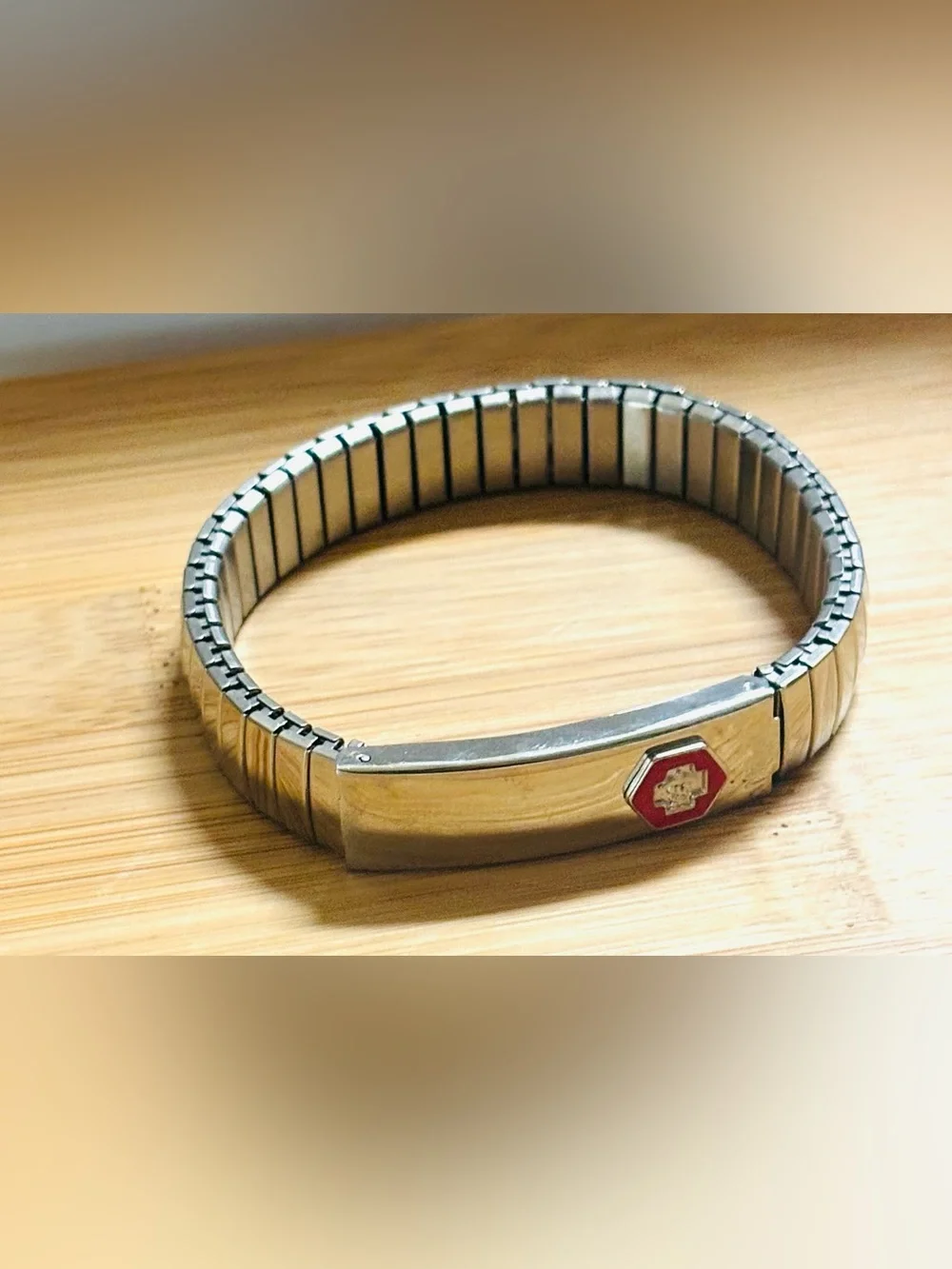 Medical ID Alert Bracelet - Silver Diabetes Band with Red Emblem